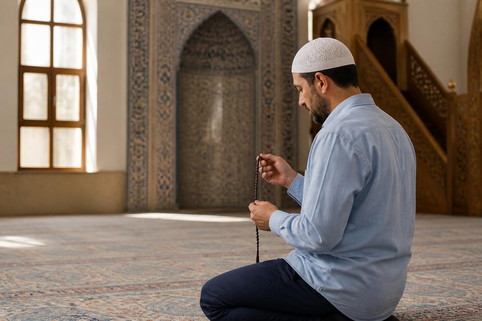 Namaz sonrası tesbihat sırası için seccadede zikir çeken Müslüman