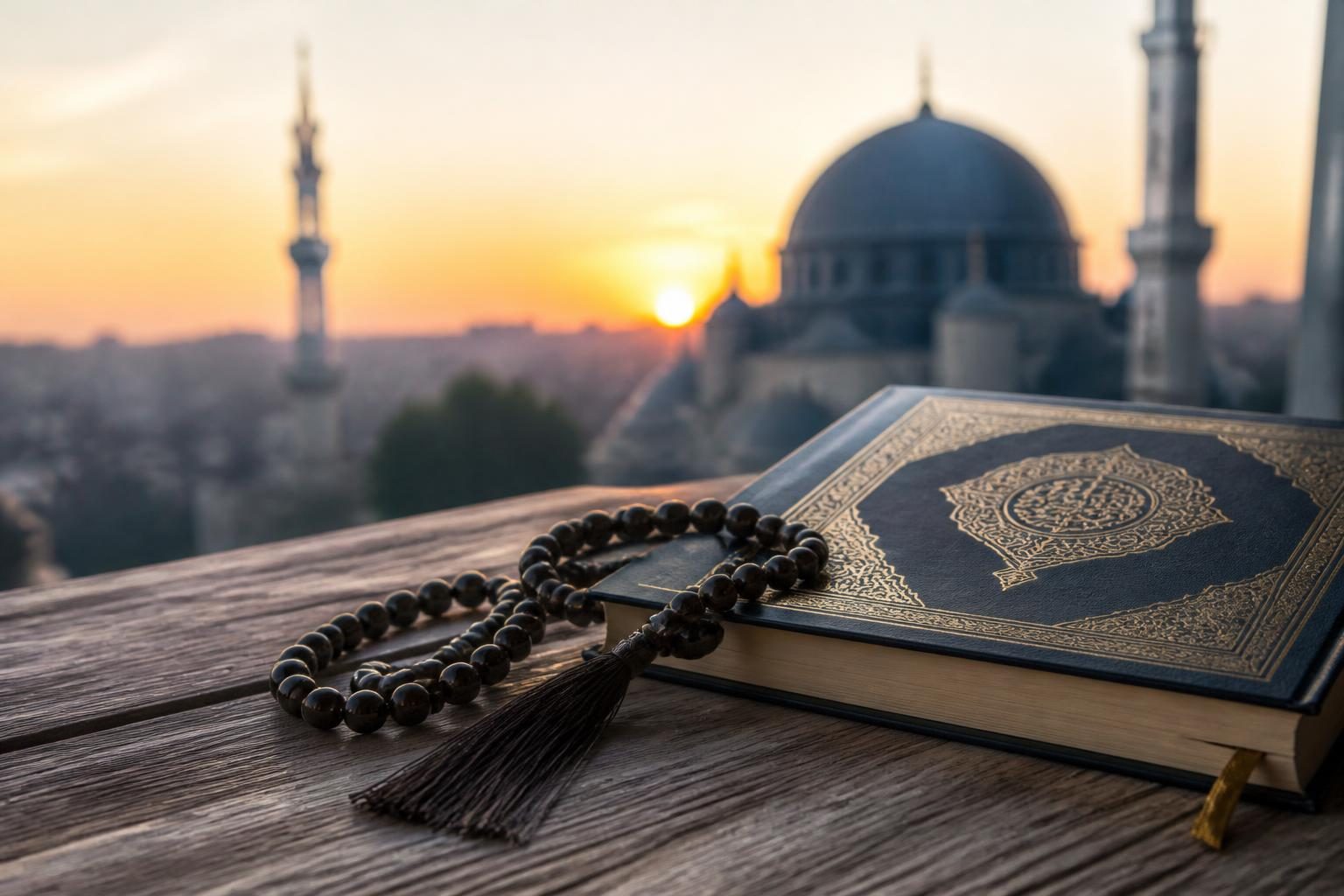 Sabah akşam zikirleri okuyan kişi ve açık Kur’an